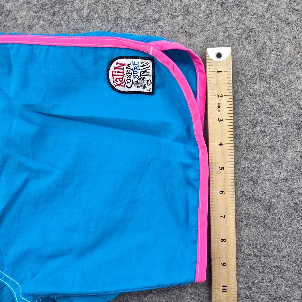 Katin Mens Board Shorts Size 32 Blue Pink Nylon Surf Trunks Made in USA Snap Fly